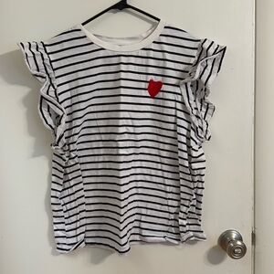 2XL black and white striped ruffle sleeve tee with heart patch